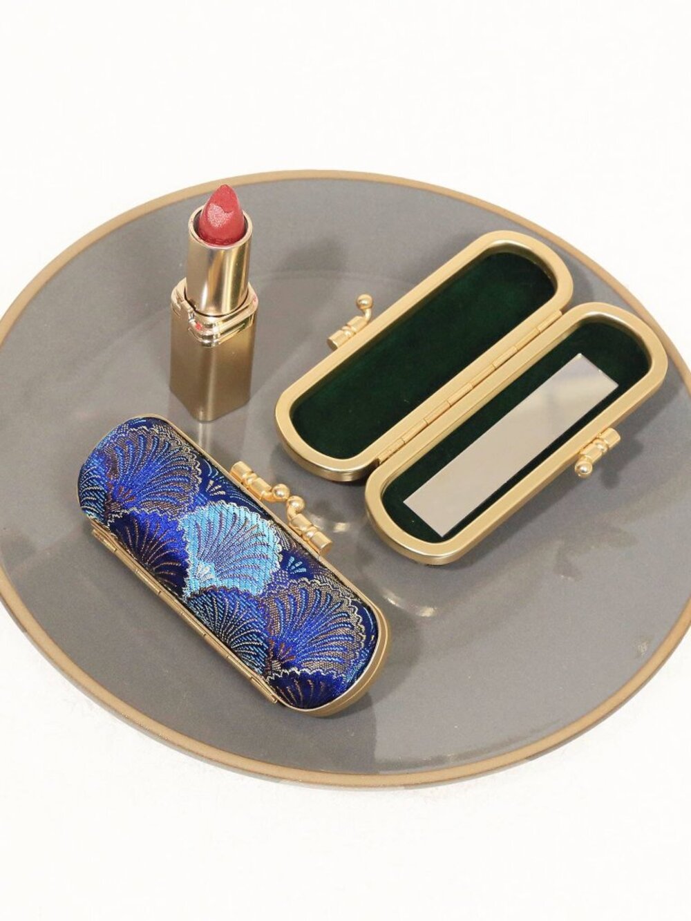 Seashell Brocade Lipstick Holder with Mirror | Navy & Brown
